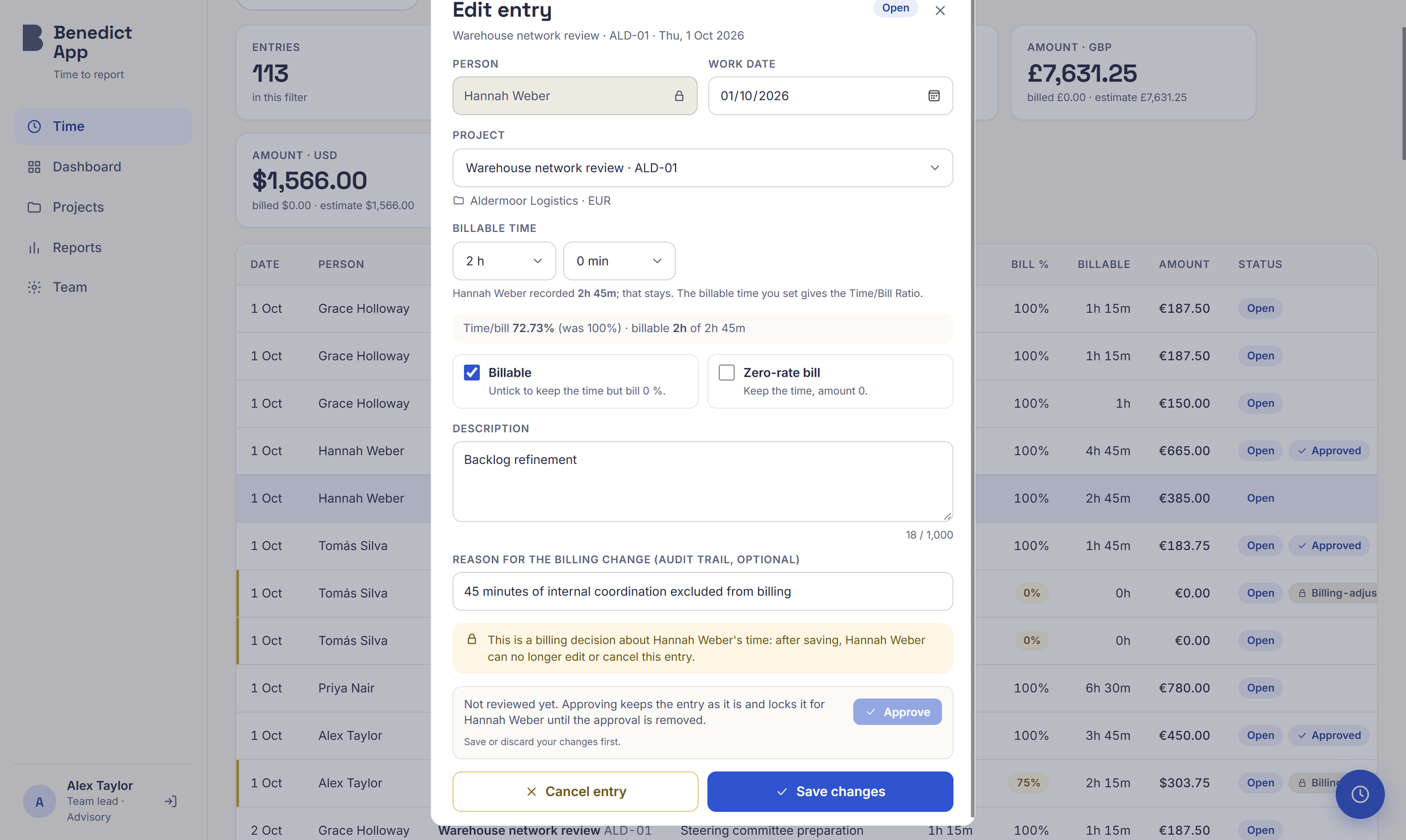 Editing an entry in Benedict App: billable time set to 2 hours while the employee’s recorded 2h 45m stays, with a reason for the billing change