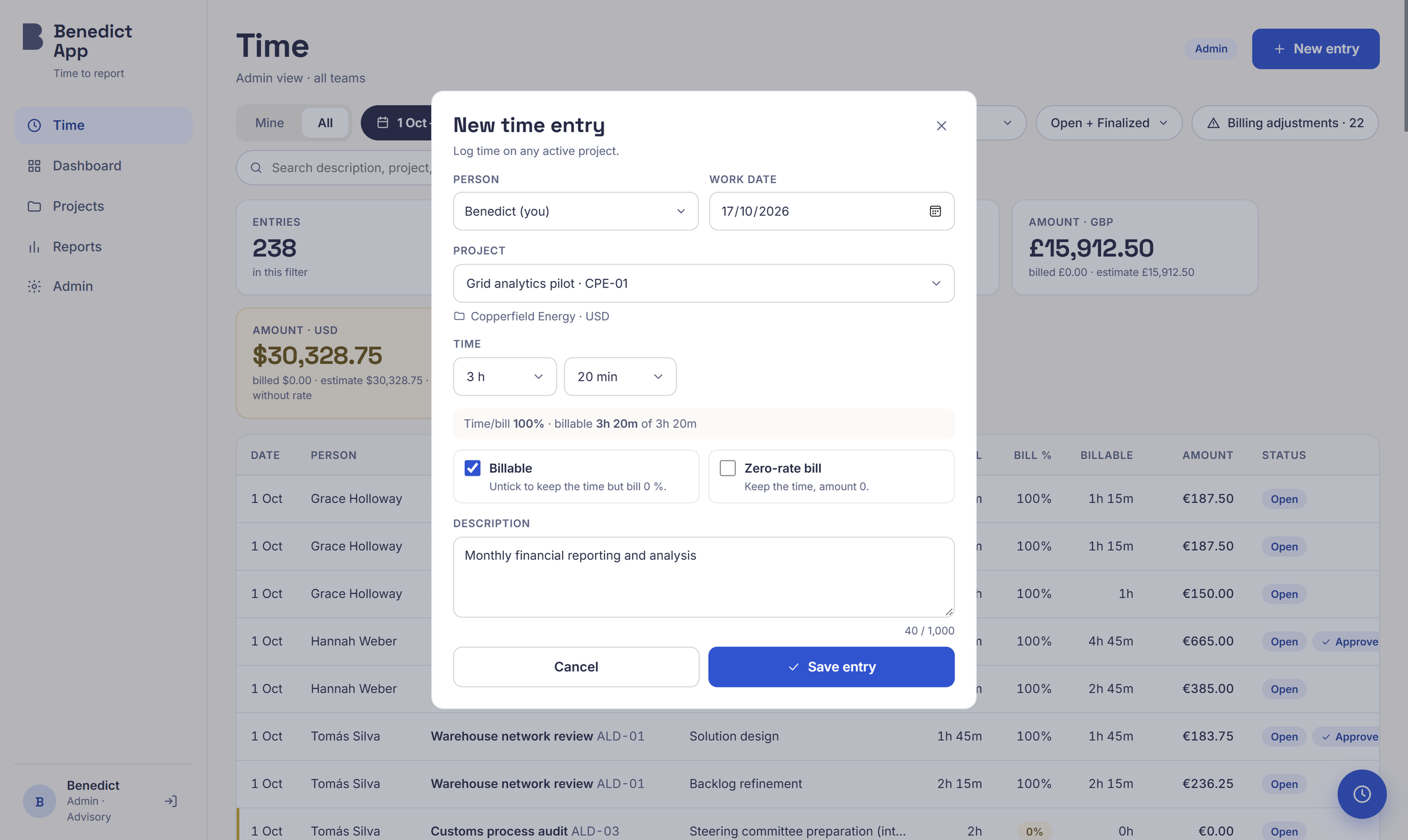 New time entry in Benedict App: person, work date, project with its client and currency, time, billable option, and description